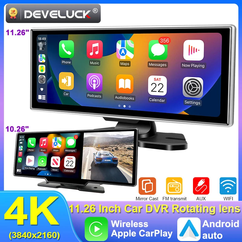 10/11,26" 4K Dashcam mit Dual-Lens, Wireless CarPlay & Android Auto, GPS, WLAN, FM & AUX – alles in einem für smarte Fahrten.