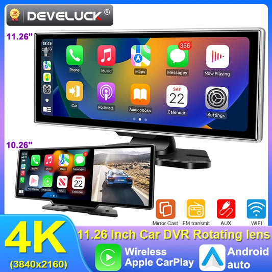 10/11,26" 4K Dashcam mit Dual-Lens, Wireless CarPlay & Android Auto, GPS, WLAN, FM & AUX – alles in einem für smarte Fahrten.