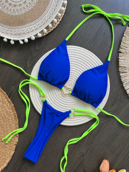 Halter-Bikini Set – Zweiteiliges Triangle-Thong Design in Uni-Farben