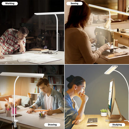LED-Schreibtischlampe mit flexiblem Hals, stufenlos dimmbar und einstellbarer Lichtfarbe – augenschonend für Büro oder Zuhause.