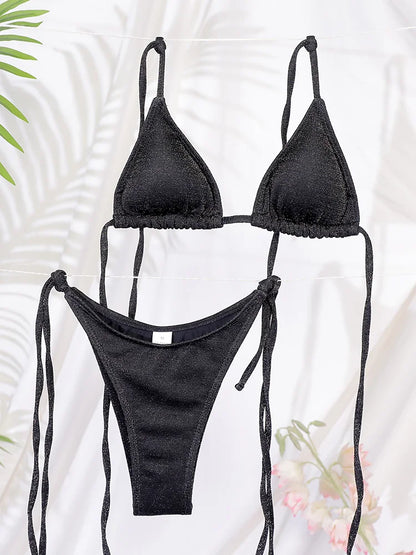 Glänzender Bikini Set – Zweiteiliges Triangle-Design in Uni-Farben