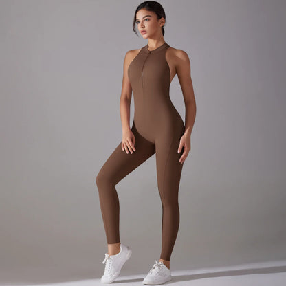 Rückenfreier Sport-Jumpsuit – Scrunch-Design, ärmellos mit Reißverschluss für Po-Lifting und Fitness