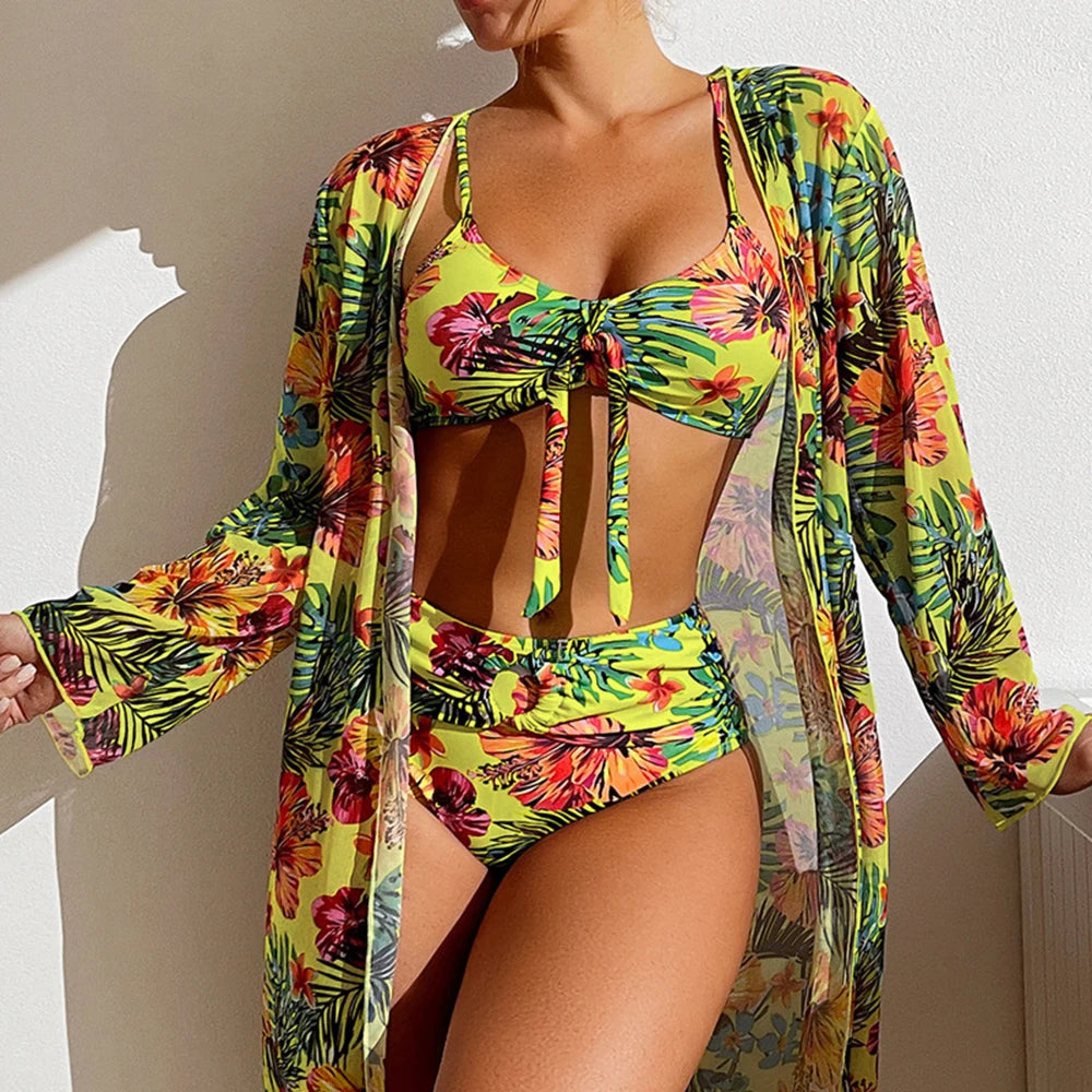 High-Waist Bikini Set – Dreiteiliges Design mit Blumenprint und Mesh-Bluse