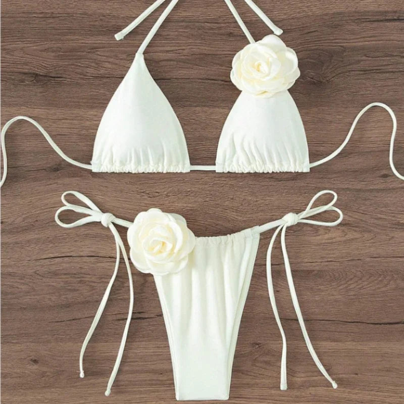 3D-Blumen Halter-Bikini – Zweiteiliges Set mit Trägerdesign