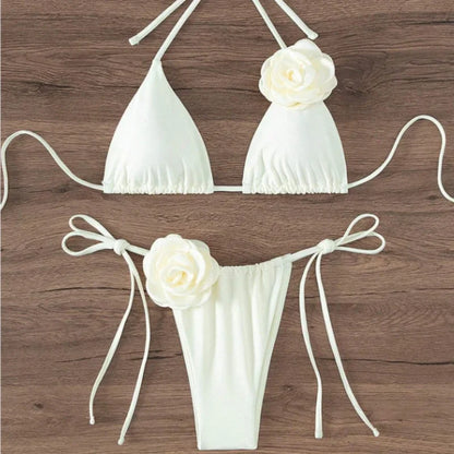 3D-Blumen Halter-Bikini – Zweiteiliges Set mit Trägerdesign