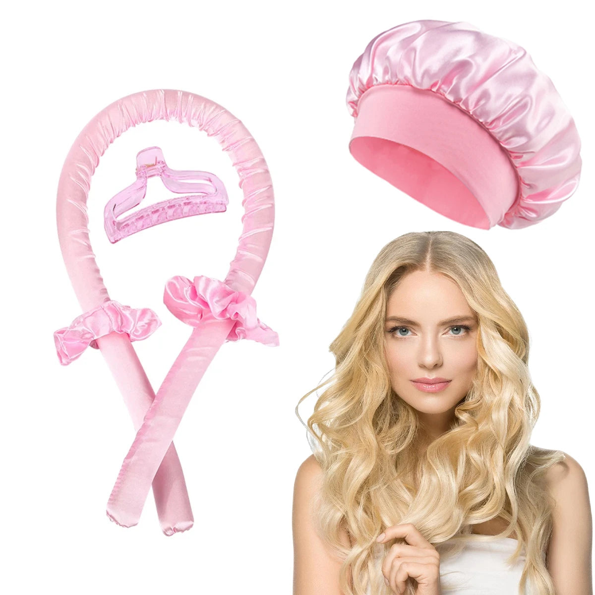Satin-Lockenband-Set mit Haube – hitzefrei, weich und ideal für schonende Locken über Nacht ohne Stylingstress.