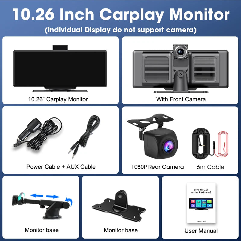 10,26" 4K Dashcam mit Rückspiegel-Display, Wireless CarPlay & Android Auto, GPS & Rückfahrkamera – Multimedia & Sicherheit in einem.