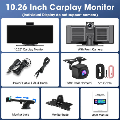 10,26" 4K Dashcam mit Rückspiegel-Display, Wireless CarPlay & Android Auto, GPS & Rückfahrkamera – Multimedia & Sicherheit in einem.