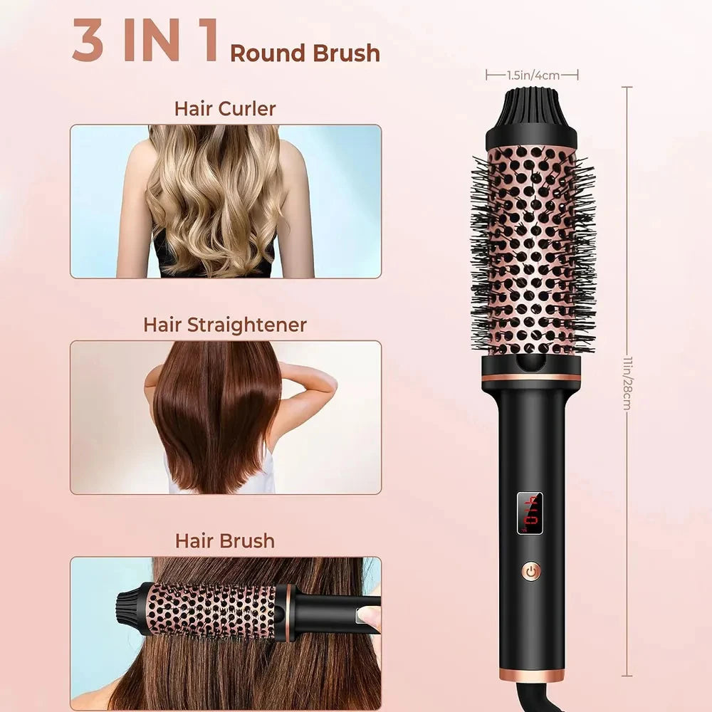 3-in-1 Ionen-Hairstyler mit Glätteisen, Lockenstab & Heizbürste – schonend, vielseitig und ideal für glattes oder lockiges Styling.
