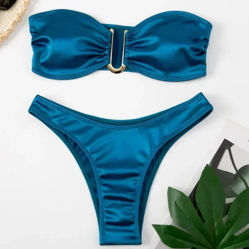 Bandeau Bikini – Zweiteiliges Set in Uni-Farben