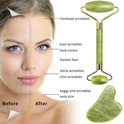 Gua Sha & Jade-Roller Set aus Naturstein – ideal für Gesichtsmassage, Hautpflege und entspannende SPA-Momente zu Hause.
