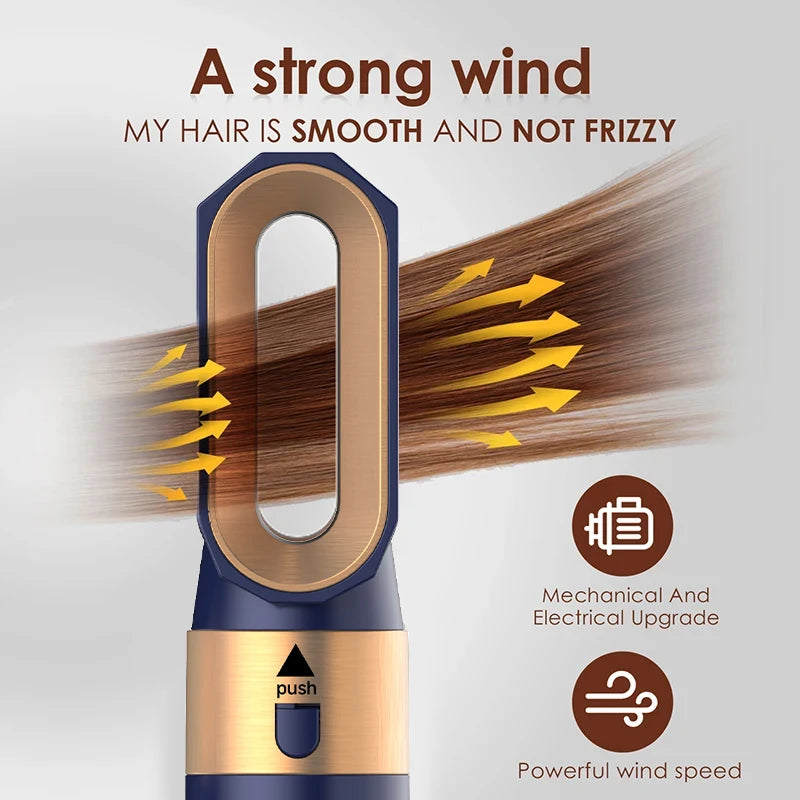 5-in-1 Heißluftstyler mit Föhn, Lockenstab & Glättaufsätzen – vielseitig, leistungsstark und ideal für flexibles Haarstyling zu Hause.