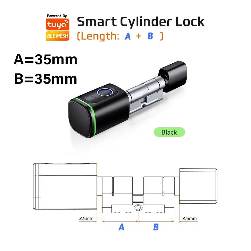 Smart cylinder lock with fingerprint, Bluetooth & IC card – easy installation, including battery and Tuya app control.