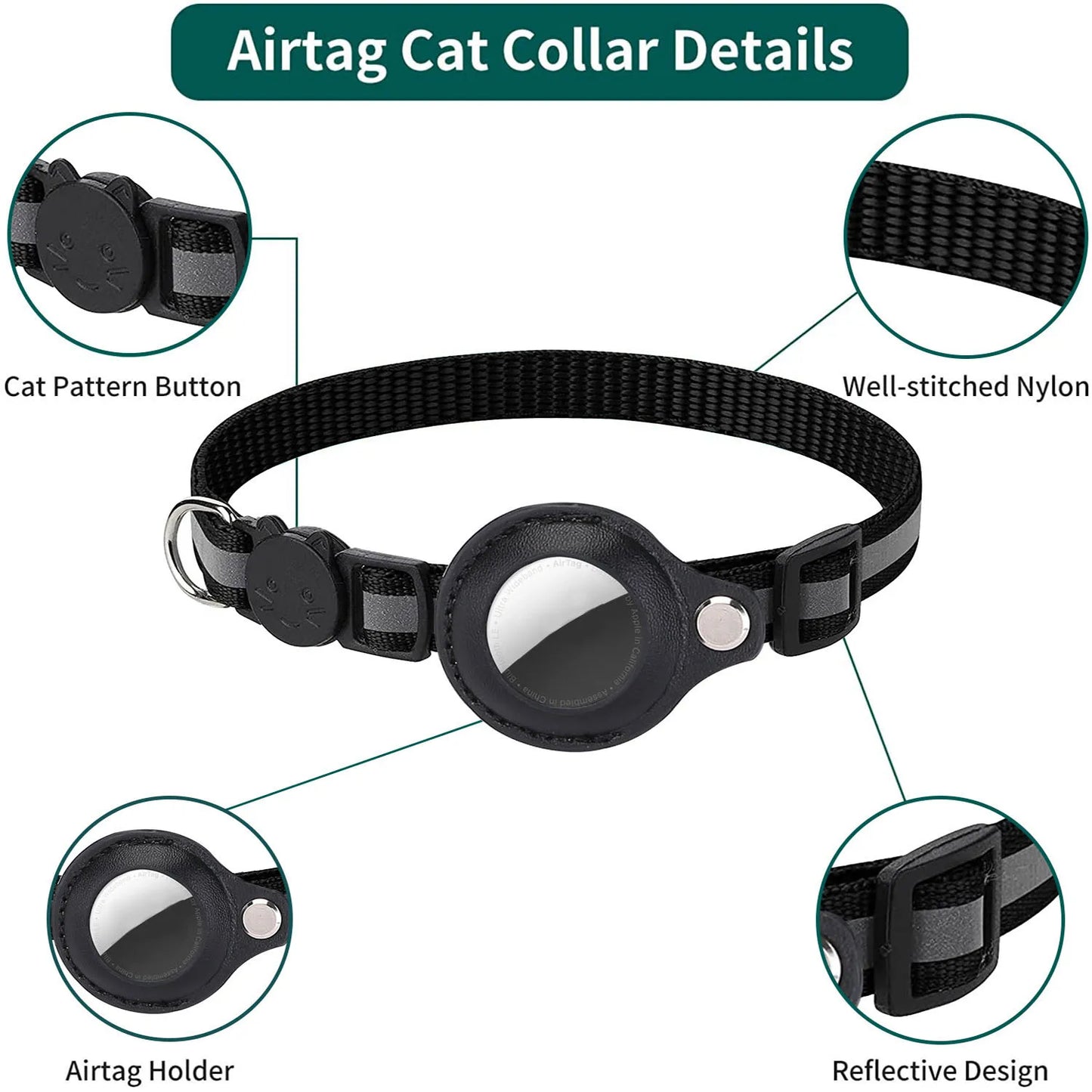 AirTag Katzenhalsband – Verstellbares, reflektierendes Sicherheitsband mit AirTag-Halterung und Glöckchen